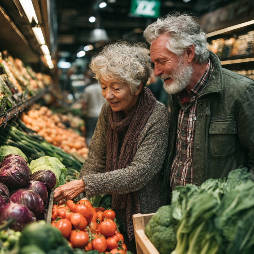 Egészséges idős pár ételt készít a konyhában